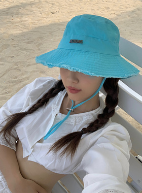 宅女同款蓝色毛边渔夫帽海边遮阳