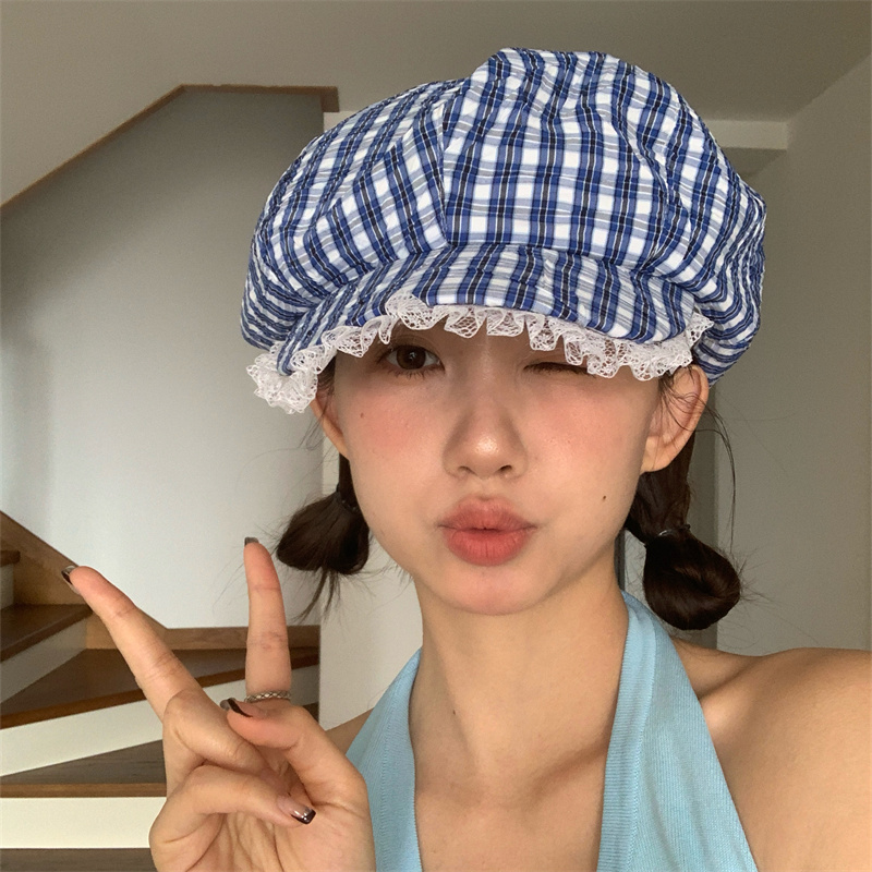 春系氧气穿搭格纹蕾丝花边八角帽
