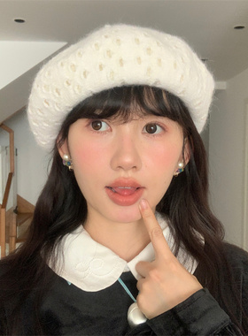 秋冬氛围毛绒感温柔白色贝雷帽女
