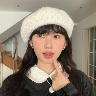 【贩卖温柔】秋冬氛围感含兔毛白色贝雷帽双层镂空针织显脸小帽子