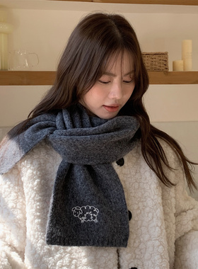 日系可爱小羊刺绣羊毛针织围巾女