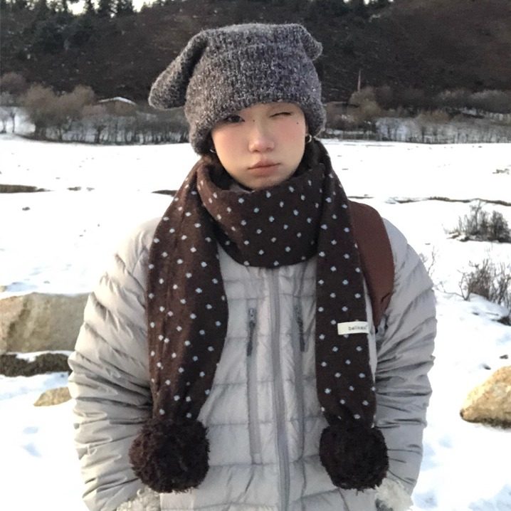 【毛球波点围巾】韩版ins风双层加厚针织围巾冬季保暖氛围感围脖,服饰配件/皮带/帽子/围巾,围巾/丝巾/披肩,淘宝优惠券,粉丝福利购,淘宝优惠卷