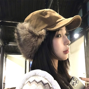 【甜酷飞行帽】冬季保暖麂皮绒拼接仿皮草护耳雷锋帽大头围鸭舌帽
