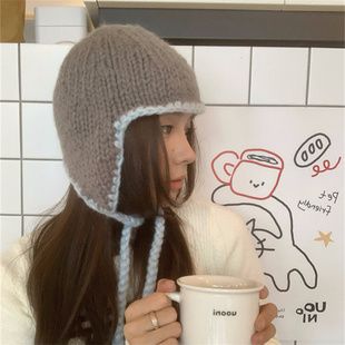 【韩系小辫子】纯手工钩织撞色针织护耳飞行帽秋冬保暖显脸小帽子