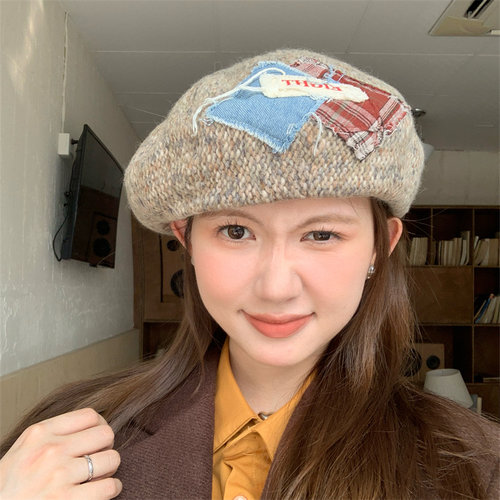 秋冬大头围显脸小补丁设计贝雷帽