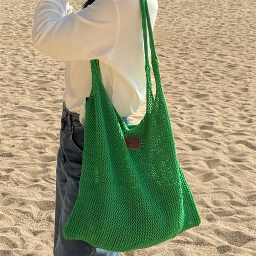 韩系慵懒风针织镂空绿色沙滩包女