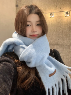 【温柔冰岛蓝围巾】自带氛围感的拉毛感毛绒围脖含羊毛保暖披肩潮