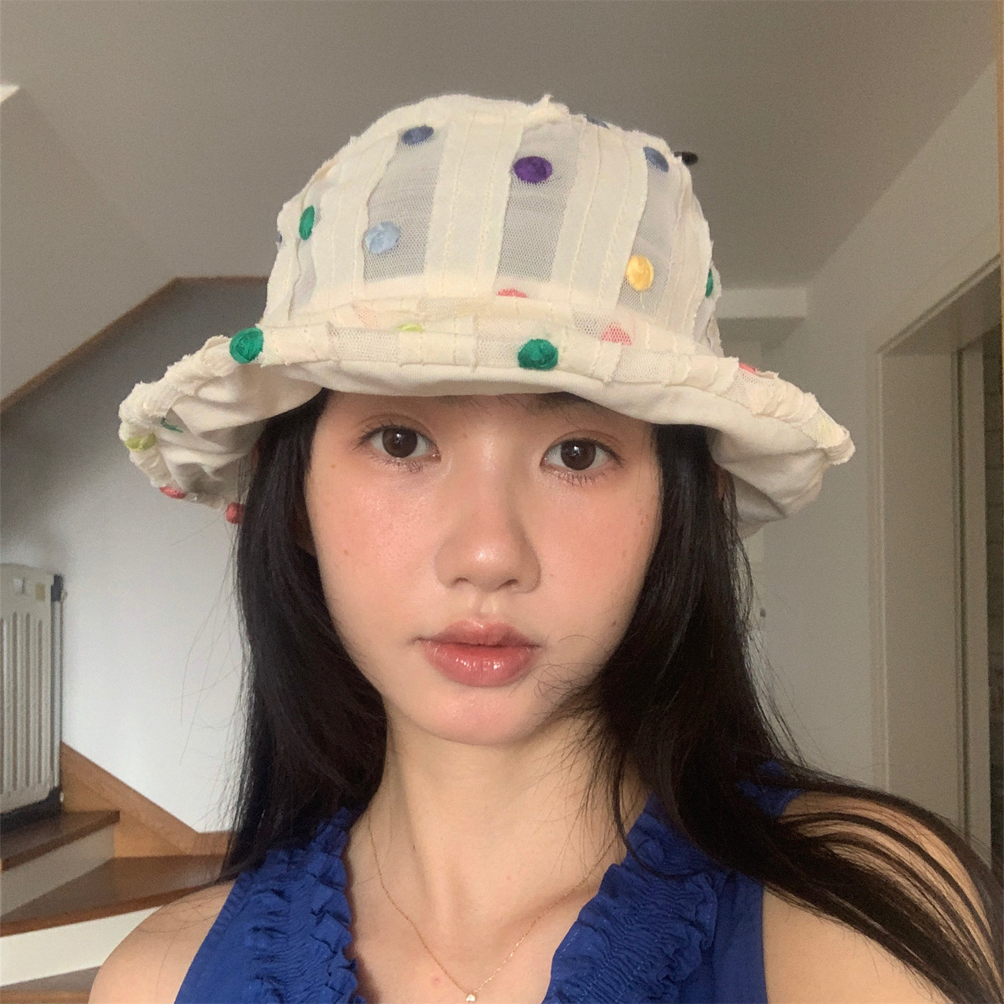 夏日彩色缝线波点软顶网纱渔夫帽