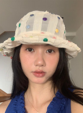 夏日彩色缝线波点软顶网纱渔夫帽