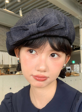 【重工手作】甜美可爱双层大蝴蝶结牛仔贝雷帽子女显脸小画家帽潮