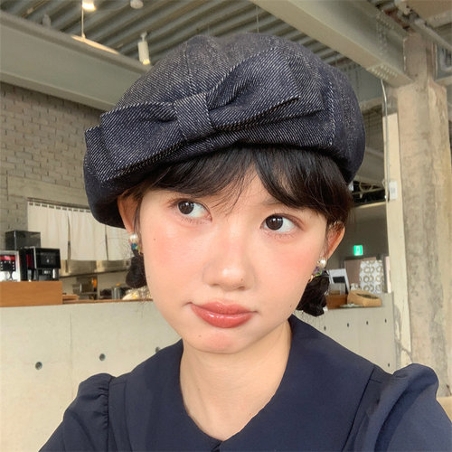 甜美可爱双层大蝴蝶结牛仔贝雷帽