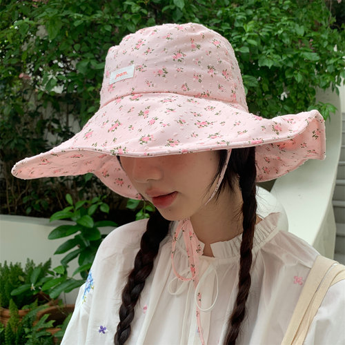夏季出游大帽檐粉色小碎花渔夫帽