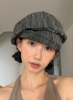百搭黑灰色条纹画家帽褶皱显脸小