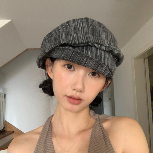 百搭黑灰色条纹画家帽褶皱显脸小