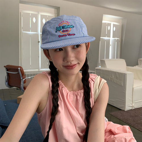 青春活力感蓝白色条纹平檐帽软顶