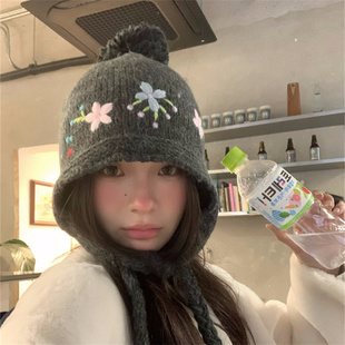 【韩女日记】重工刺绣花朵针织护耳帽复古提花加绒保暖显脸小帽子