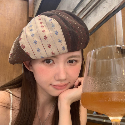 古着感刺绣小花拼布贝雷帽显脸小