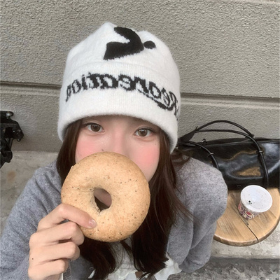 韩单款小众字母刺绣针织毛线帽潮