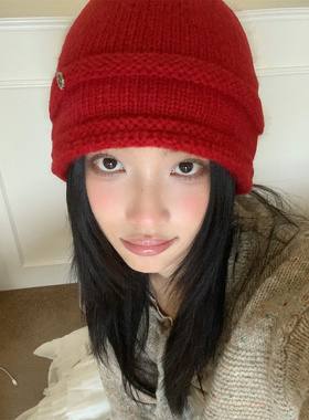 冬天出片红色毛线帽保暖护耳帽女