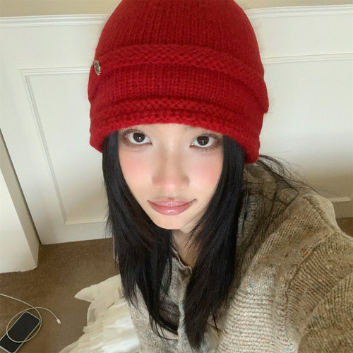 冬天出片红色毛线帽保暖护耳帽女