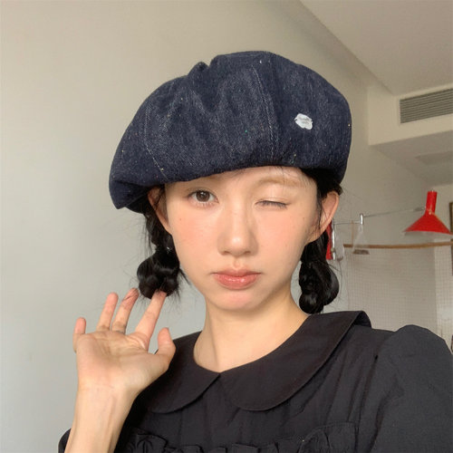 【彩点】韩版百搭显脸小牛仔贝雷帽手工缝标复古画家帽大版云朵帽