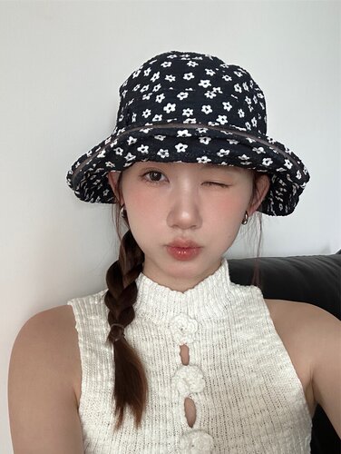 可爱碎花朵蝴蝶结圆顶渔夫帽卷边