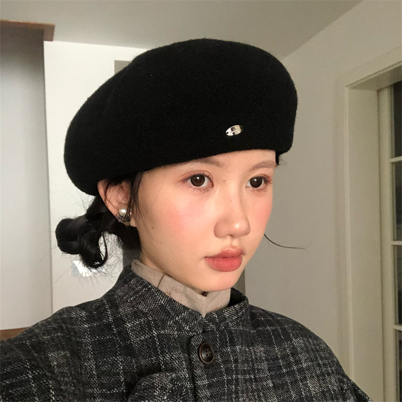 气质百搭黑色贝雷帽显脸小画家帽