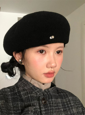 气质百搭黑色贝雷帽显脸小画家帽