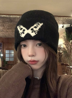 蝴蝶黑色针织帽宽松有弹力大头围