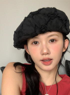 日系蕾丝网纱玫瑰花朵贝雷帽薄款
