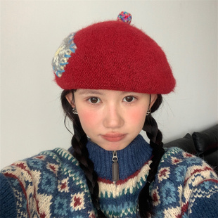 【彩色啾啾】手工缝制费尔岛补丁针织贝雷帽秋冬保暖显脸小画家帽
