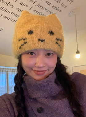甜美可爱大头围笑脸小猫针织帽女