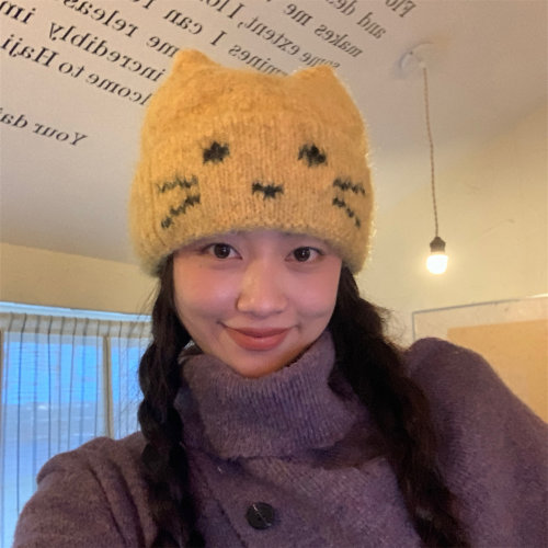 甜美可爱大头围笑脸小猫针织帽女