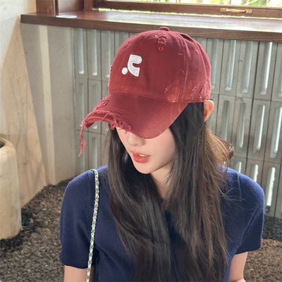 美式辣妹复古做旧软顶鸭舌帽破洞