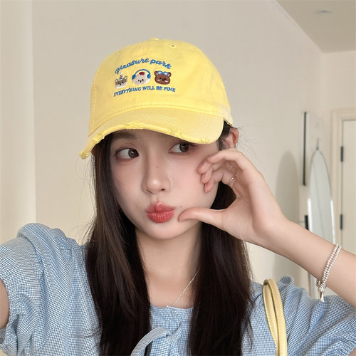 黄色棒球帽可爱小猫刺绣软顶帽子