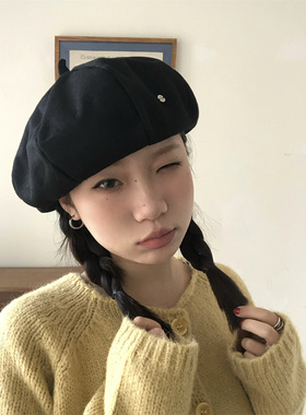 手工缝制B标黑色贝雷帽适合圆脸