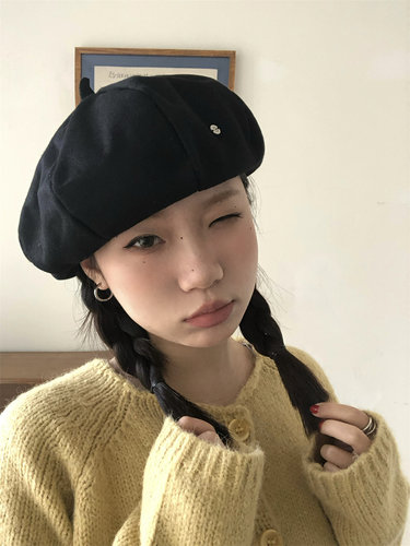 手工缝制B标黑色贝雷帽适合圆脸