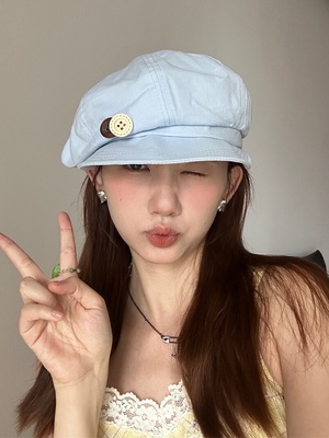 清新感淡蓝色软帽檐纽扣八角帽女