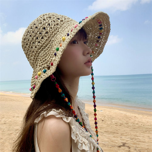 适合海边度假彩虹豆大帽檐草帽女