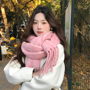 韩女搭配bi入氛围感围巾女含羊毛保暖旅游出片围脖 定制韩粉色