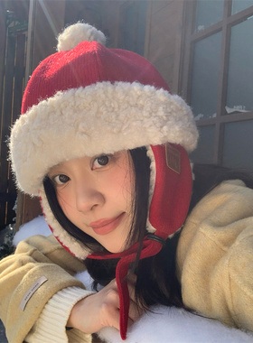 圣诞新年氛围感羊羔绒护耳雷锋帽