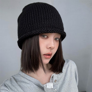 【夜魅】禁欲系黑色卷边针织帽子女百搭高冷好戴显脸小包头冷帽潮