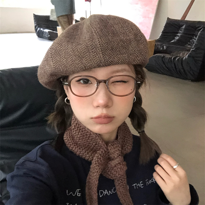 日系古着毛呢贝雷帽百搭咖色帽子