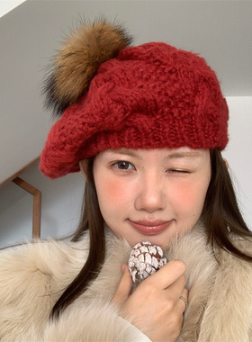 【复古搭配】圣诞氛围感麻花针织贝雷帽狐狸毛球球显脸小画家帽潮