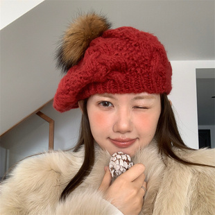 圣诞氛围感麻花针织贝雷帽狐狸毛球球显脸小画家帽潮 复古搭配