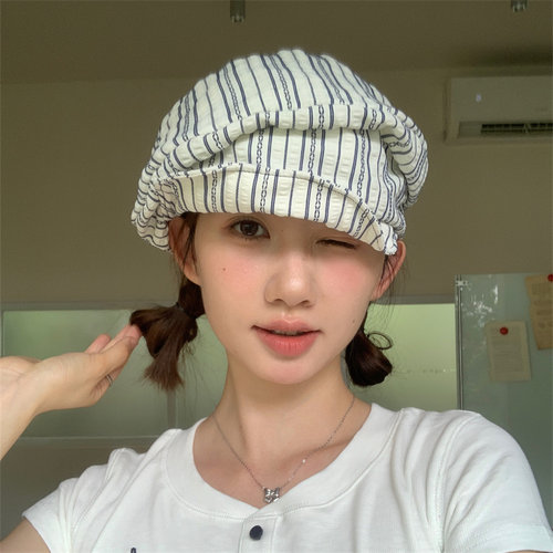小众日系古早少女条纹堆堆画家帽