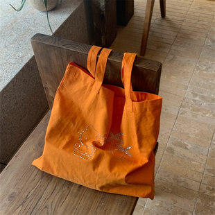 出片单层薄款 夏季 橘色帆布包可爱小猫烫钻慵懒单肩包 橘子汽水
