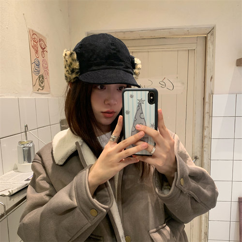 灯芯绒毛绒护耳鸭舌帽时髦博主帽
