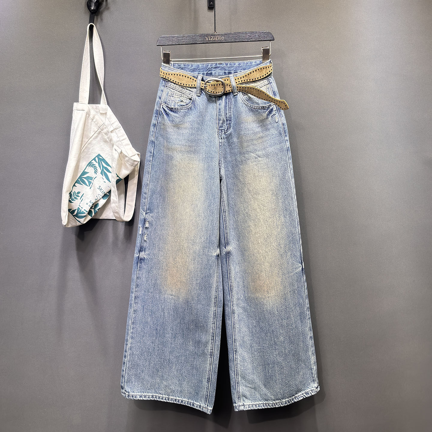 欧货复古风高腰做旧直筒牛仔裤女遮胯显瘦宽松阔腿裤束脚老爹裤子