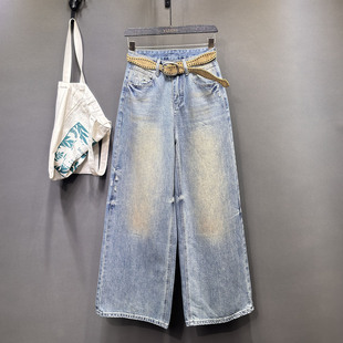 子 束脚老爹裤 欧货复古风高腰做旧直筒牛仔裤 女遮胯显瘦宽松阔腿裤